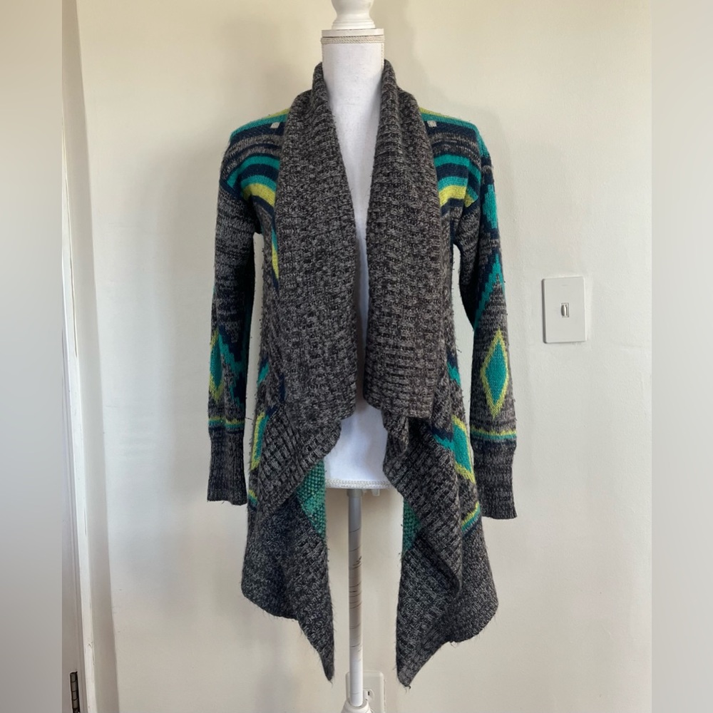 Roxy Aztec Geometric Waterfall Draped Wrap Cardigan Boho Gray Knit Sweater